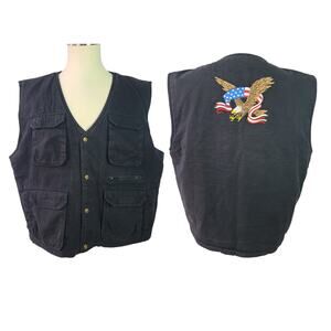 Woodsman Black Denim Lined Embroidered MOTO Screaming Eagle Flag Vintage Vest L